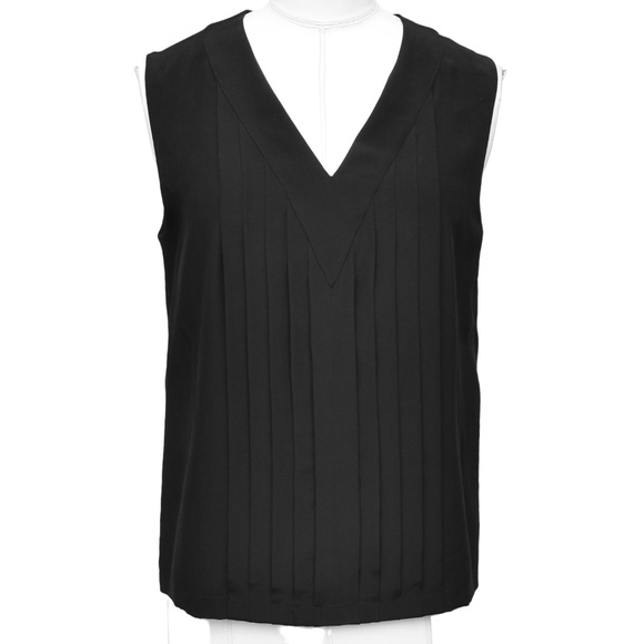 CHANEL Blouse Black Silk Sleeveless Top Shirt Pleats V-Neck Buttons Sz 36